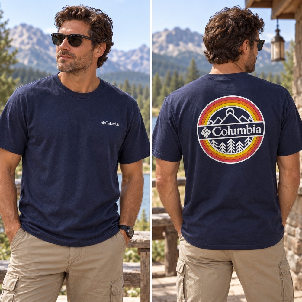 Columbia Mens Graphic T-Shirt Navy Blue Mountain Retro Logo XL Short Sleeve